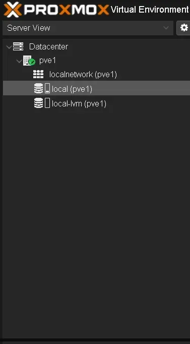 Tampilan awal proxmox menu local pve